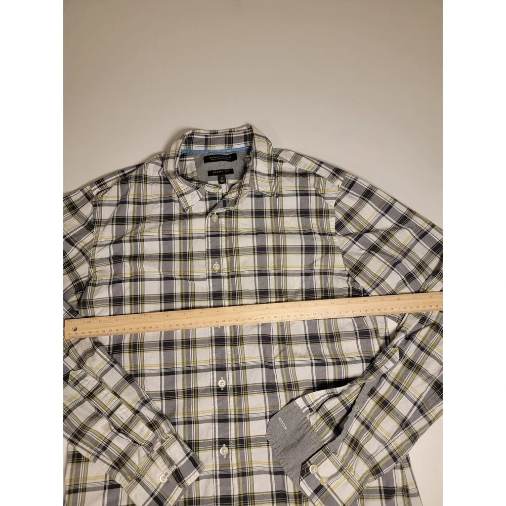 Banana Republic Grant Fit Custom 078 Wash Plaid Shirt Mens M White Grey Yellow